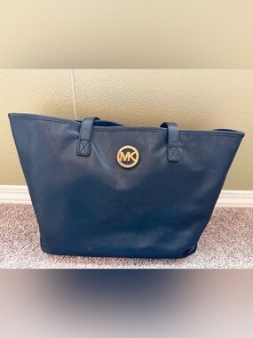 Michael Kors Navy Leather Tote with Gold Logo